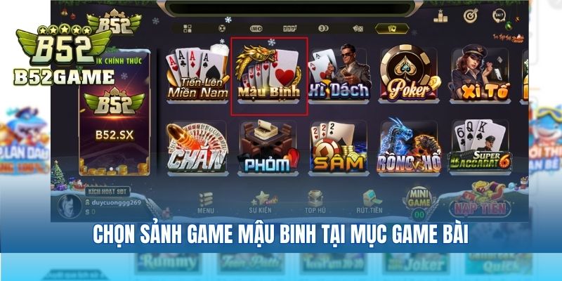 Chọn sảnh game mậu binh tại mục game bài